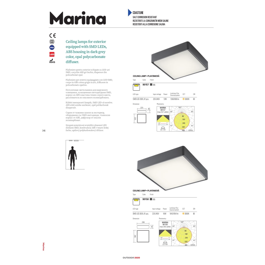 Redo 90158 - LED Vonkajšie stropné svietidlo MARINA LED/16W/230V 29,6x29,6 cm IP65 antracit