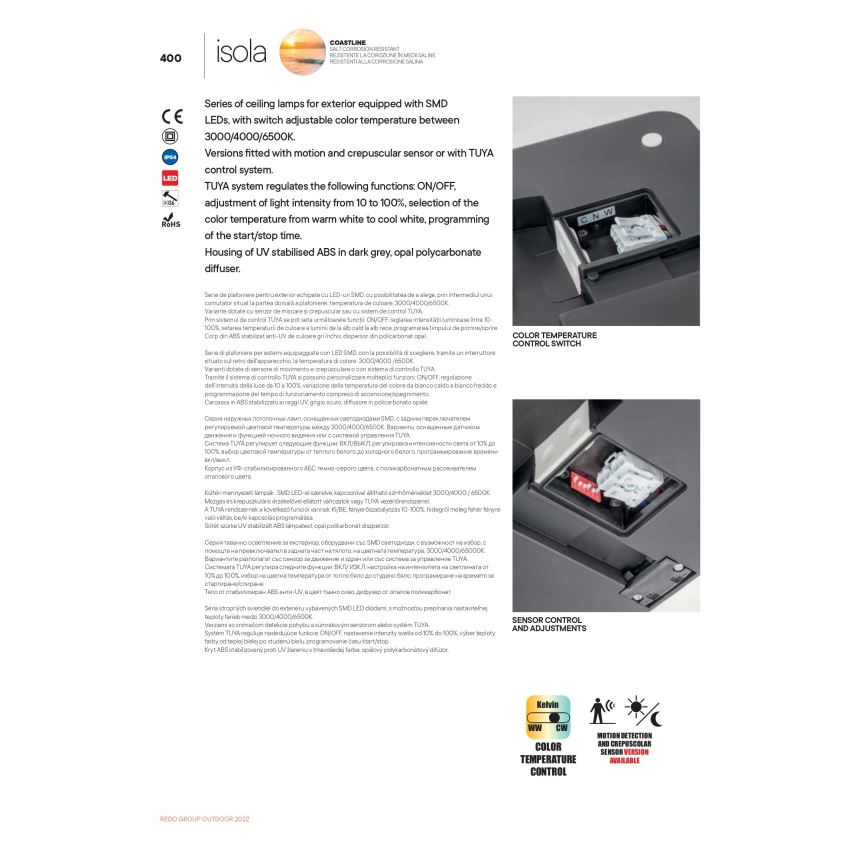 Redo 90290 - LED Vonkajšie stropné svietidlo so senzorom ISOLA LED/24W/230V pr. 26 cm 3000/4000/6500K IP54 antracit