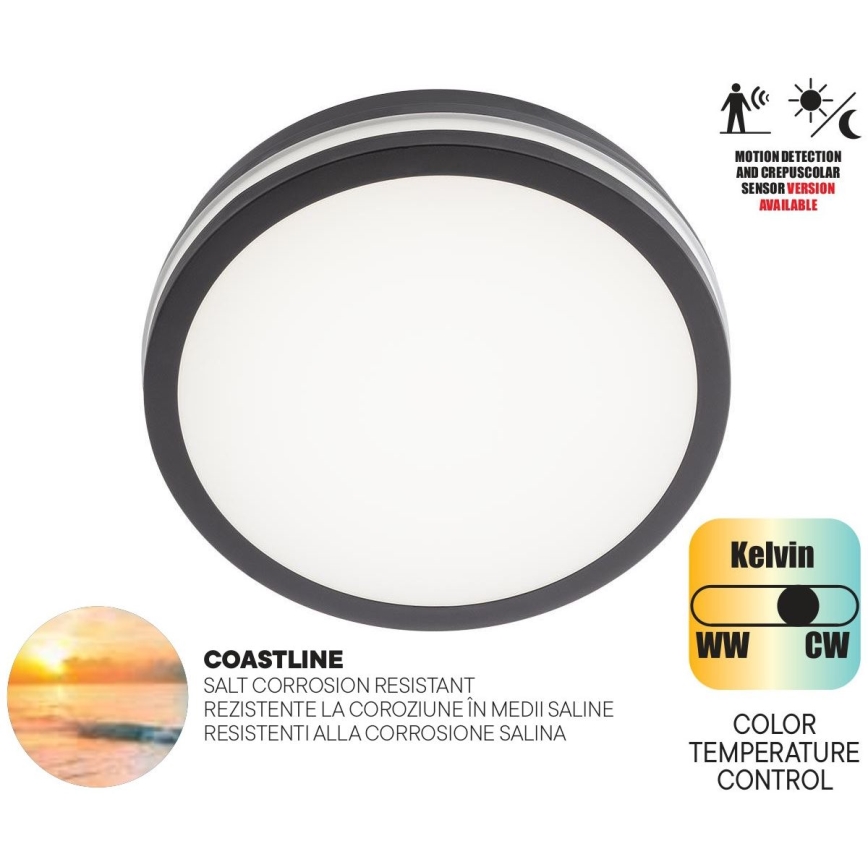 Redo 90290 - LED Vonkajšie stropné svietidlo so senzorom ISOLA LED/24W/230V pr. 26 cm 3000/4000/6500K IP54 antracit