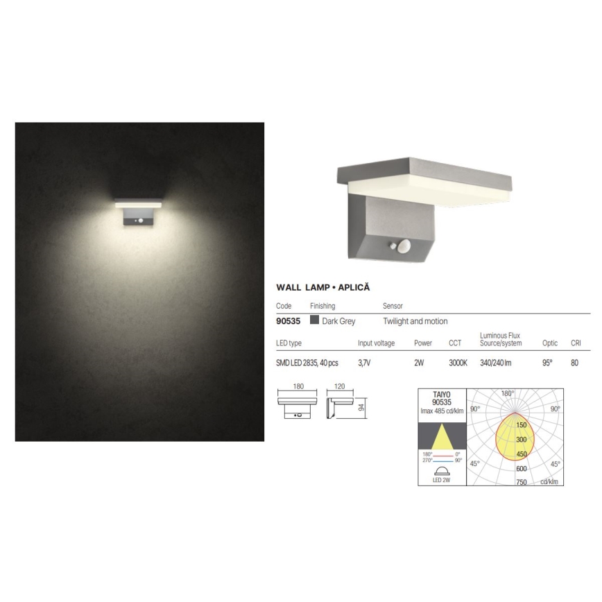 Redo 90535 - LED Solárne nástenné svietidlo so senzorom TAIYO LED/2W/3,7V 3000K 2200 mAh IP54 antracit