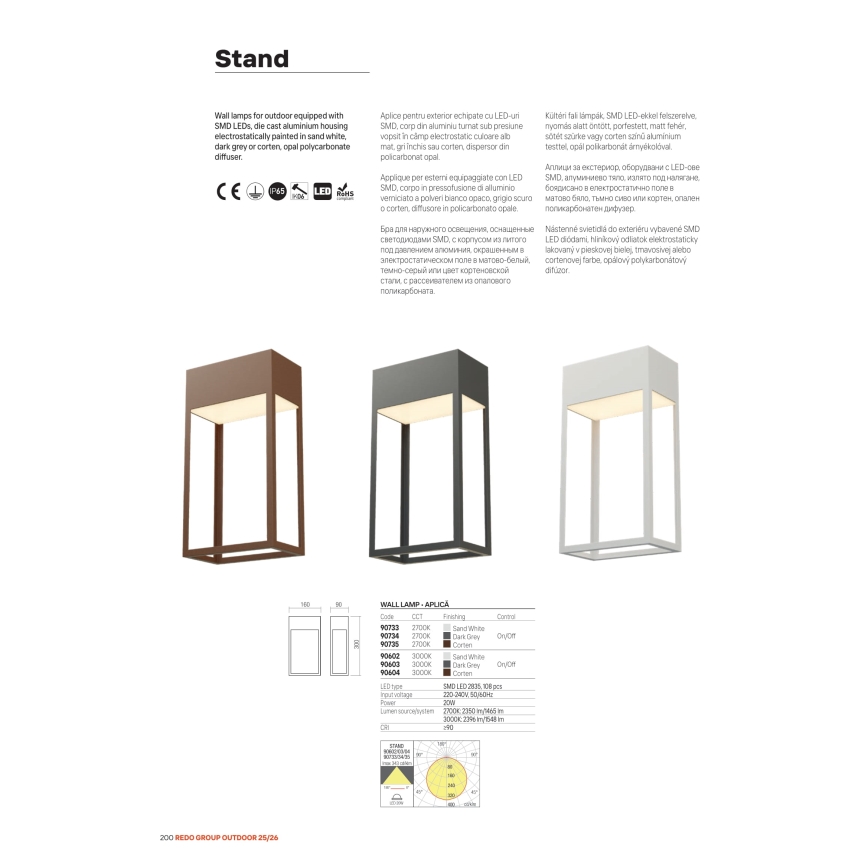 Redo 90604 - LED vonkajšie nástenné svietidlo STAND LED/20W/230V 3000K CRI 90 IP65 hnedá