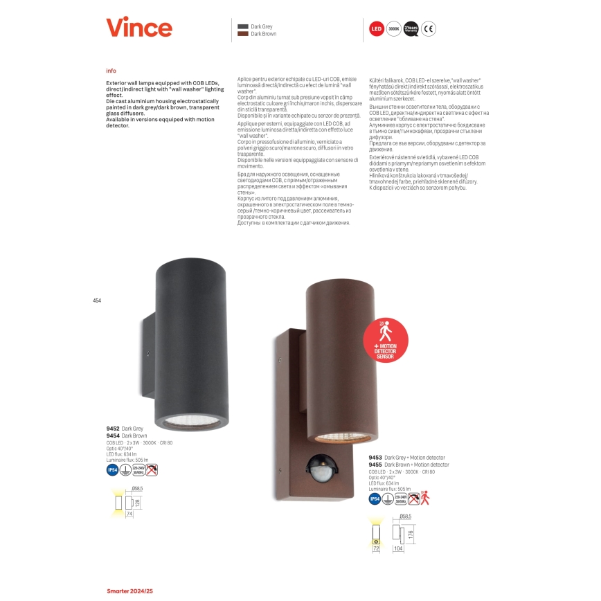 Redo 9453 - LED vonkajšie nástenné svietidlo so senzorom VINCE 2xLED/3W/230V IP54 antracit