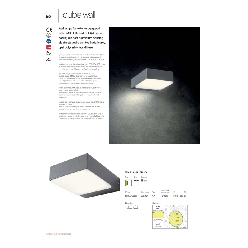 Redo 9560 - LED vonkajšie nástenné svietidlo CUBE LED/7,5W/230V 3000K IP54 antracit