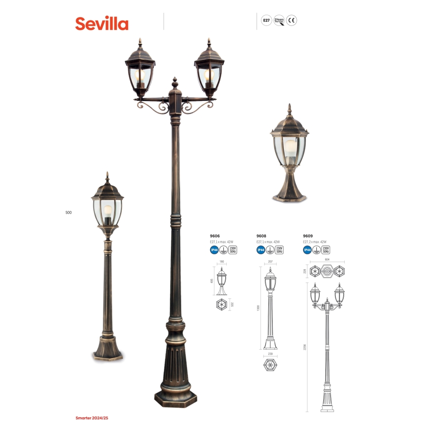 Redo 9609 - Vonkajšia lampa SEVILLA 2xE27/42W/230V IP44 zlatá/patina