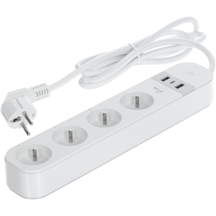 Inteligentný predlžovací kábel s vypínačom 4Z Typ E + 2x USB-A + 1x USB-C 1,5m Wi-Fi Tuya biela