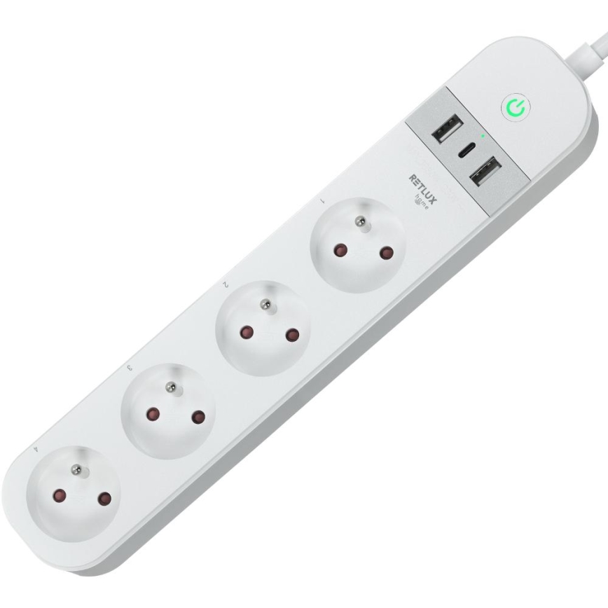 Inteligentný predlžovací kábel s vypínačom 4Z Typ E + 2x USB-A + 1x USB-C 1,5m Wi-Fi Tuya biela