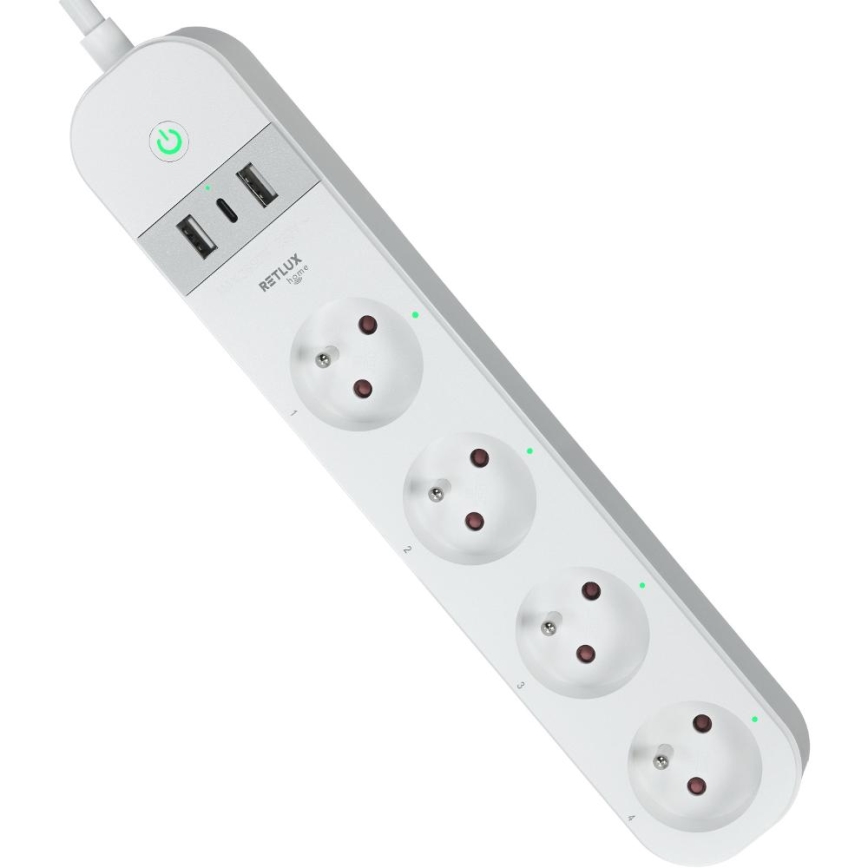 Inteligentný predlžovací kábel s vypínačom 4Z Typ E + 2x USB-A + 1x USB-C 1,5m Wi-Fi Tuya biela