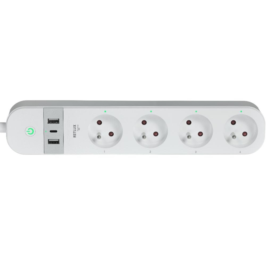 Inteligentný predlžovací kábel s vypínačom 4Z Typ E + 2x USB-A + 1x USB-C 1,5m Wi-Fi Tuya biela