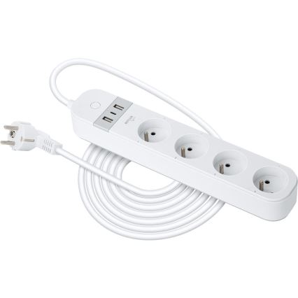Inteligentný predlžovací kábel s vypínačom 4Z Typ E + 2x USB-A + 1x USB-C 1,5m Wi-Fi Tuya biela
