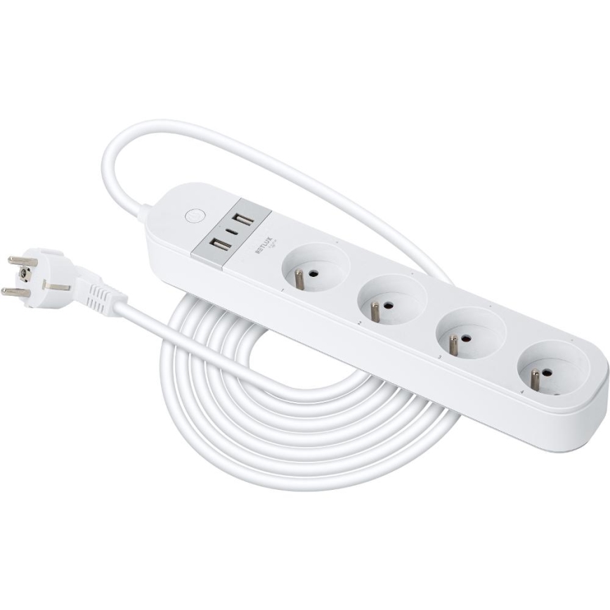 Inteligentný predlžovací kábel s vypínačom 4Z Typ E + 2x USB-A + 1x USB-C 1,5m Wi-Fi Tuya biela