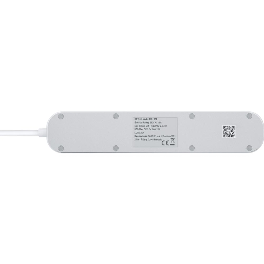 Inteligentný predlžovací kábel s vypínačom 4Z Typ E + 2x USB-A + 1x USB-C 1,5m Wi-Fi Tuya biela