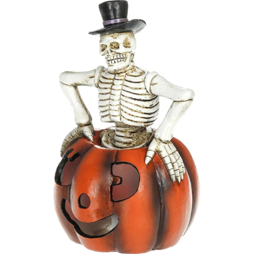LED Dekorácia HALLOWEEN LED/2xLR44/teplá biela kostlivec v tekvici živica