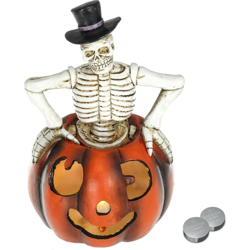 LED Dekorácia HALLOWEEN LED/2xLR44/teplá biela kostlivec v tekvici živica