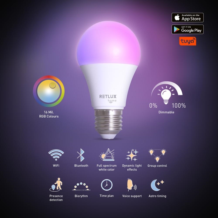LED RGBW Stmievateľná žiarovka A60 E27/9W/230V 2700-6500K Wi-Fi Tuya