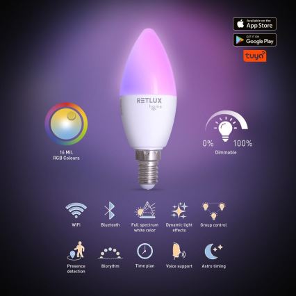 LED RGBW Stmievateľná žiarovka C37 E14/4,5W/230V 2700-6500K Wi-Fi Tuya