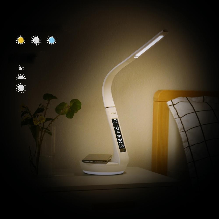 LED Stmievateľná stolná lampa s bezdrôtovým nabíjaním Qi 5W a displejom LED/6W/230V 3000/4000/6000K biela