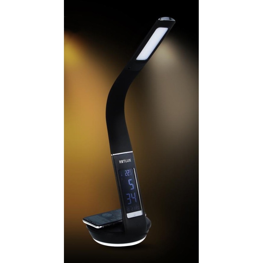 LED Stmievateľná stolná lampa s bezdrôtovým nabíjaním Qi 5W a displejom LED/6W/230V 3000/4000/6000K čierna