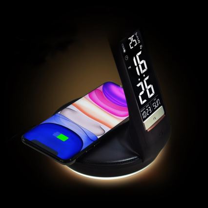 LED Stmievateľná stolná lampa s bezdrôtovým nabíjaním Qi 5W a displejom LED/6W/230V 3000/4000/6000K čierna