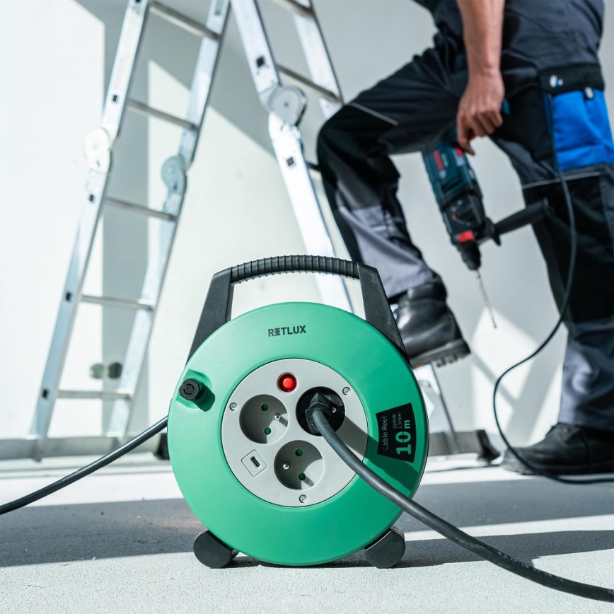 Retlux - predlžovací kábel na bubne, 3 zásuvky, Typ E, 10 m, zelená/čierna