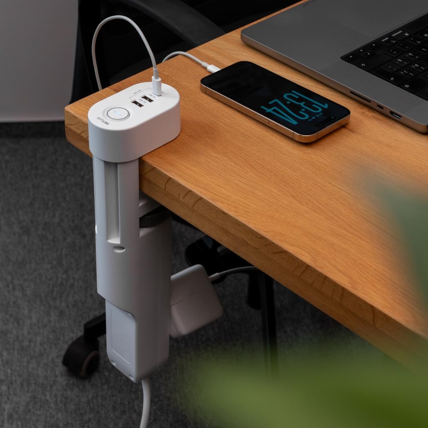 Predlžovací kábel s uchytením na stôl, 3 zásuvky Typ E + 2× USB-A + 1× USB-C, 1,5 m, biela