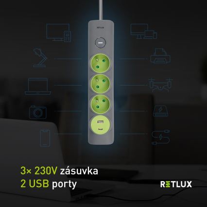 Retlux - Predlžovací kábel s vypínačom, 3 zásuvky, Typ E + 1x USB-A + 1x USB-C, 1,4 m, sivý
