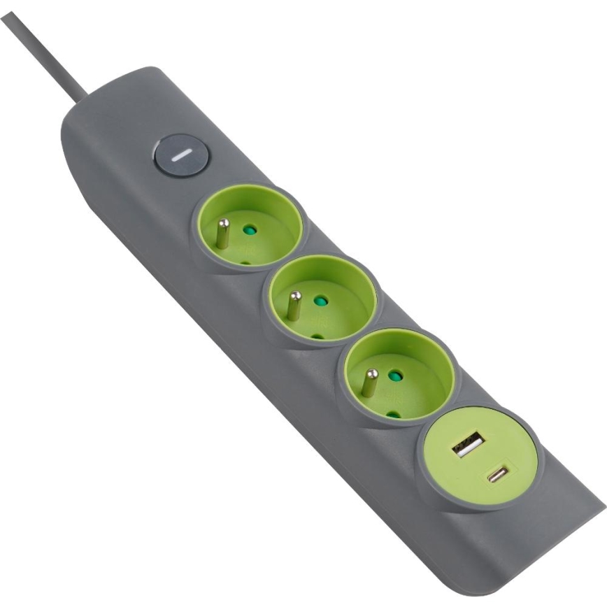 Retlux - Predlžovací kábel s vypínačom, 3 zásuvky, Typ E + 1x USB-A + 1x USB-C, 1,4 m, sivý