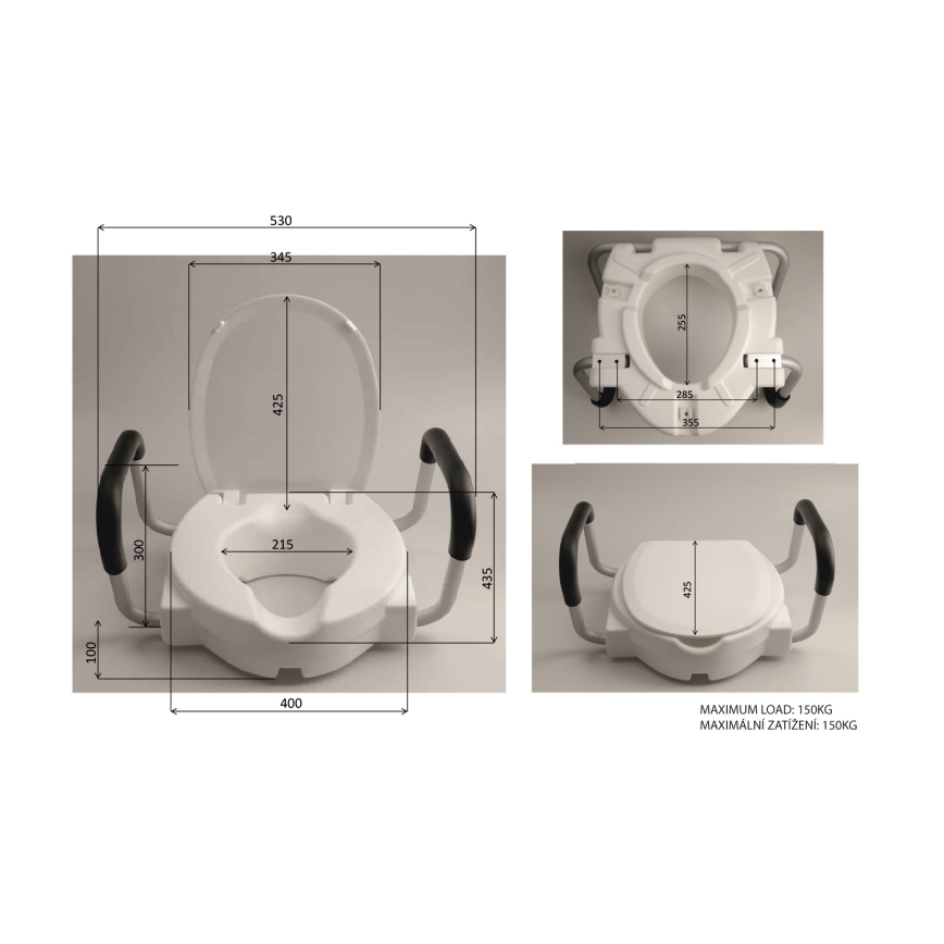 Ridder - Zvýšené WC sedadlo s madlami, biele