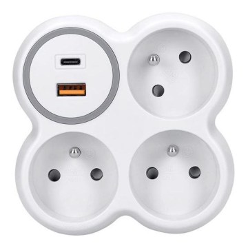 Rozbočovač 3x 16A + USB A+C rýchlonabíjačka 20W