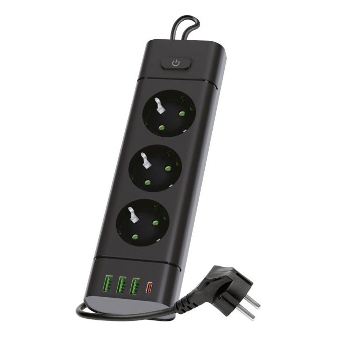 Rozbočovač so spínačom LINEA PRO 3x230V+3xUSB-A + 1xUSB-C SCHUKO 1,5 m čierny