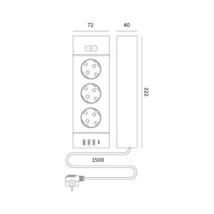 Rozbočovač so spínačom LINEA PRO 3x230V+3xUSB-A + 1xUSB-C SCHUKO 1,5 m čierny