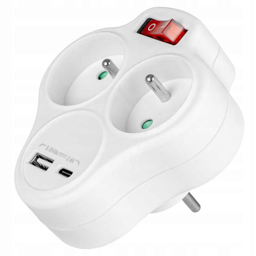 Rozbočovacia zásuvka s vypínačom 2× zásuvky + USB-C + USB-A