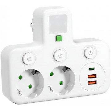 Rozbočovacia zásuvka s vypínačom a LED osvetlením LINEA PRO 2Z + 3xUSB A/C SCHUKO 4000K biela