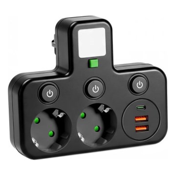 Rozbočovacia zásuvka s vypínačom a LED osvetlením LINEA PRO 2Z + 3xUSB A/C SCHUKO 4000K čierna