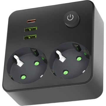 Rozbočovacia zásuvka s vypínačom LINEA 2x230V + 3xUSB A/C SCHUKO čierna