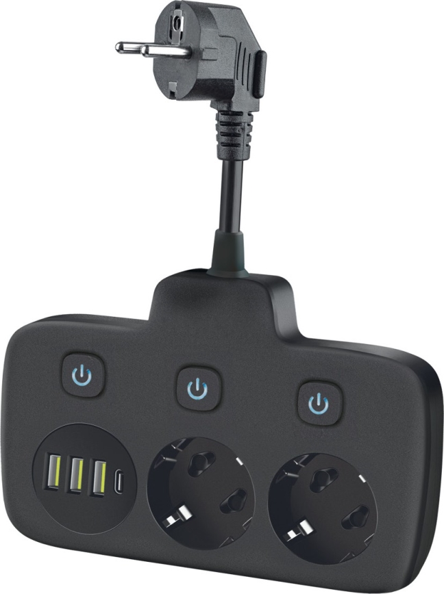Rozbočovacia zásuvka s vypínačom LINEA 2x230V + 4xUSB A/C SCHUKO čierna
