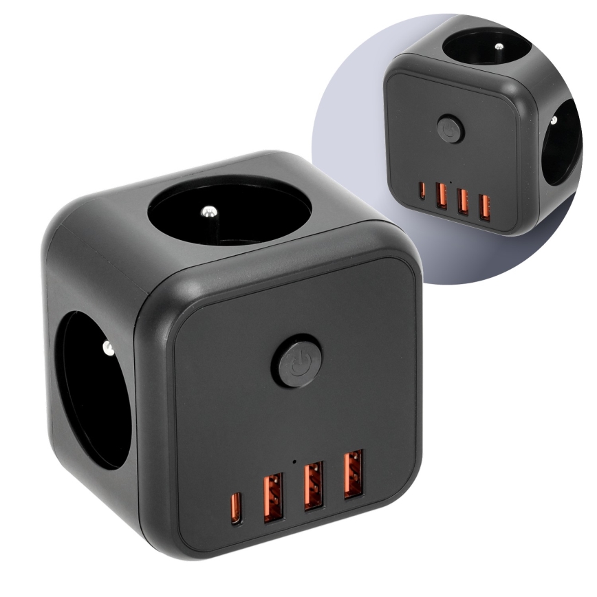 Rozbočovacia zásuvka s vypínačom LINEA 3x230V + 4xUSB A/C čierna
