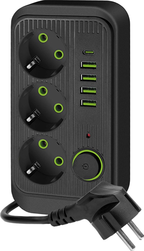 Rozbočovacia zásuvka s vypínačom LINEA 3x230V + 5xUSB A/C SCHUKO 3 m čierna