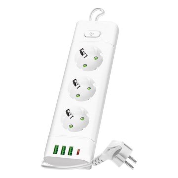 Rozbočovacia zásuvka s vypínačom LINEA PRO 3x230V+ 3xUSB-A + 1xUSB-C SCHUKO 1,5 m biela+