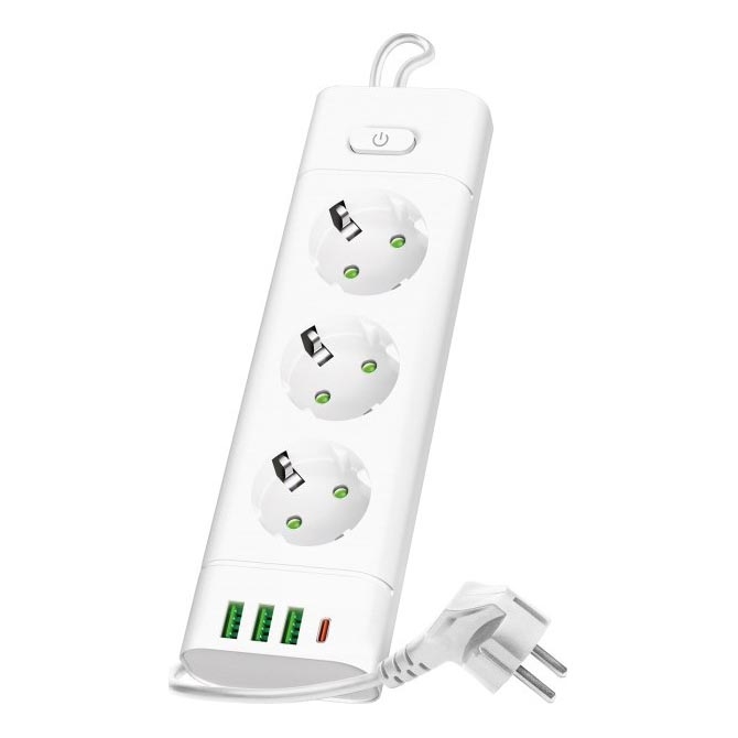 Rozbočovacia zásuvka s vypínačom LINEA PRO 3x230V+ 3xUSB-A + 1xUSB-C SCHUKO 1,5 m biela+