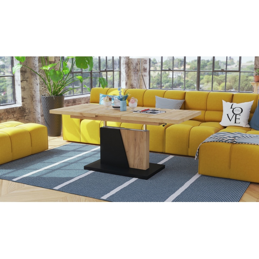 Rozkladací konferenčný/jedálenský stôl s zdvíhacou doskou NINO dub craft/čierna