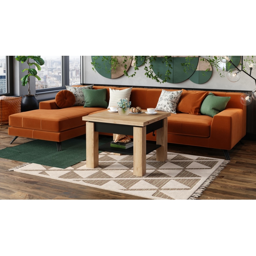 Rozkladací konferenčný/jedálenský stôl so zdvíhacou doskou CALEB dub craft/čierna