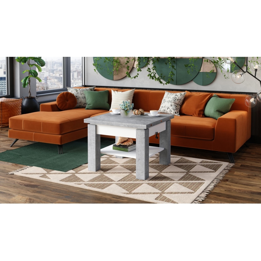 Rozkladací konferenčný/jedálenský stôl so zdvíhacou doskou CALEB sivý betón/biela