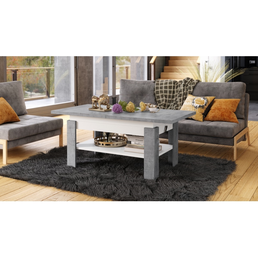 Rozkladací konferenčný stôl s výklopnou doskou ROY 130/170x65 cm šedý betón/biela