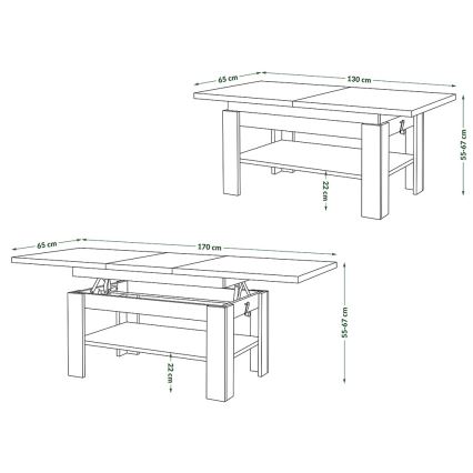 Rozkladací konferenčný stôl s výklopnou doskou ROY 130/170x65 cm šedý betón/biela