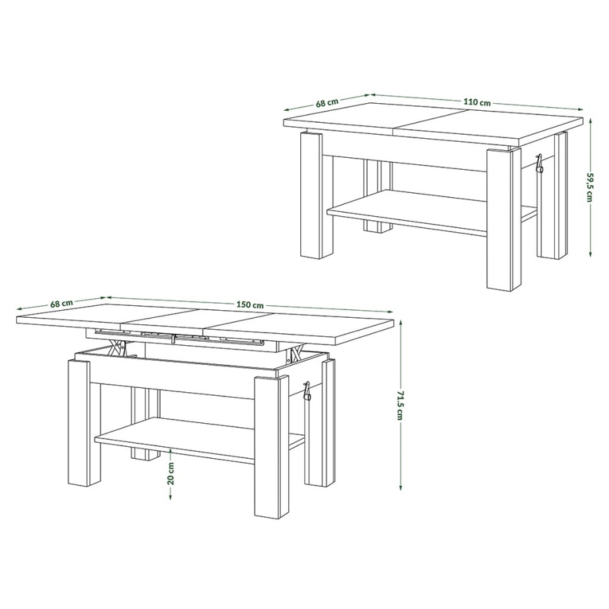 Rozkladací konferenčný stolík s policou ADONIS 110/150x68 cm dub craft/čierna