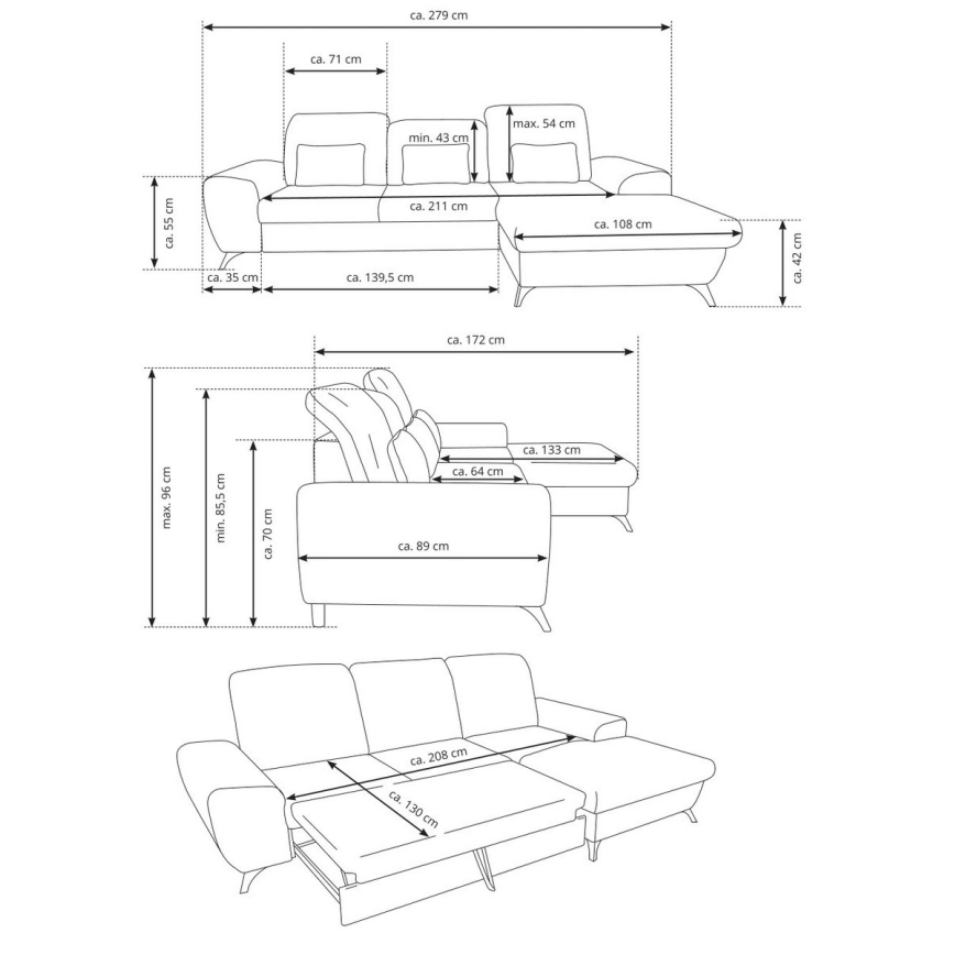 Rozkladacia čalúnená rohová sedacia súprava ALTA v tvare L, pravá, sivá, s úložným priestorom