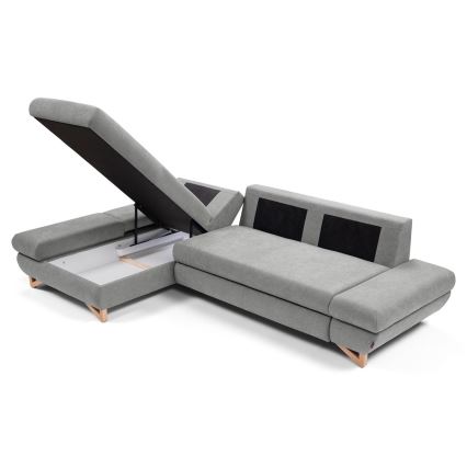 Rozkladacia rohová čalúnená sedacia súprava s úložným priestorom do L AVESTA ľavá sivá