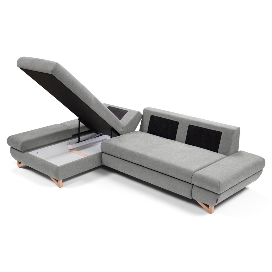 Rozkladacia rohová čalúnená sedacia súprava s úložným priestorom do L AVESTA ľavá sivá