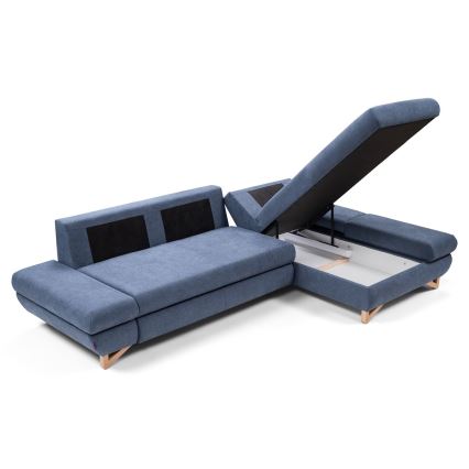 Rozkladacia rohová čalúnená sedacia súprava do tvaru L s úložným priestorom AVESTA pravá modrá
