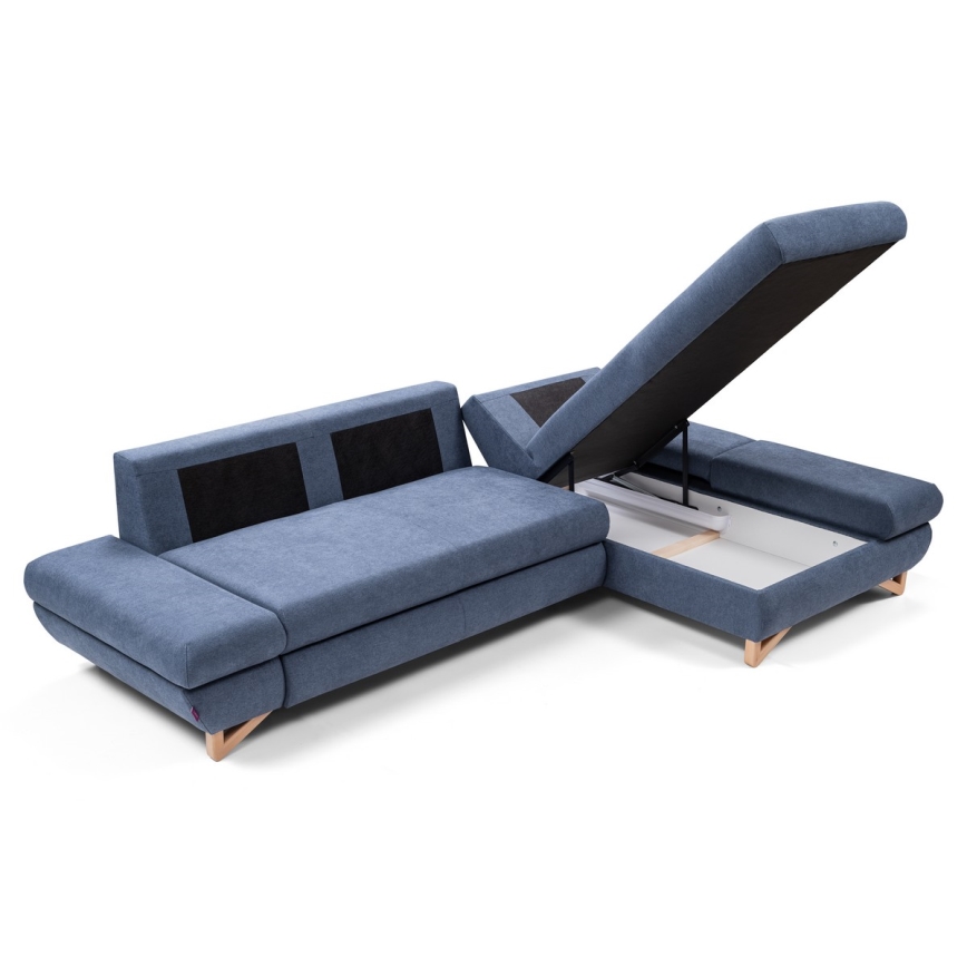 Rozkladacia rohová čalúnená sedacia súprava do tvaru L s úložným priestorom AVESTA pravá modrá